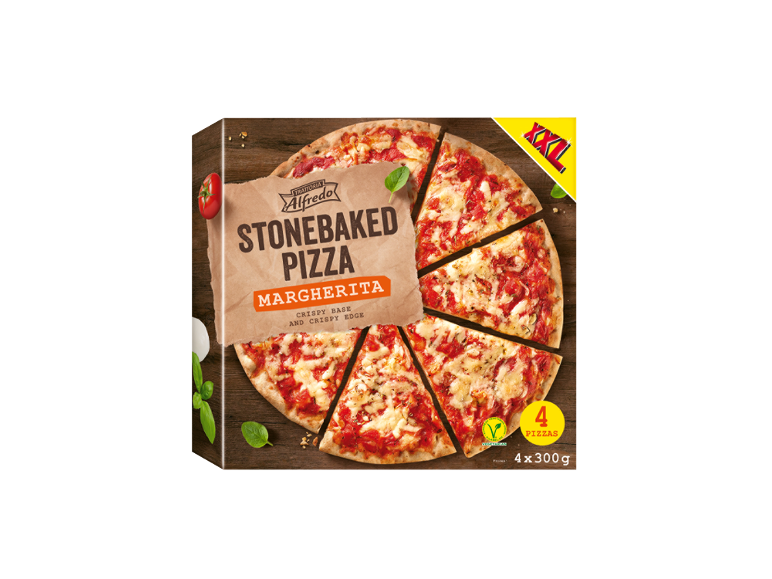 Thin and crispy Margherita pizza, 4 pizzas of 300g each.