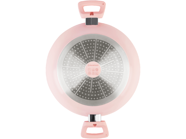 Pink pan with induction base and detachable handles.