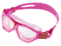 Pink swimming goggles with clear lenses and an adjustable strap