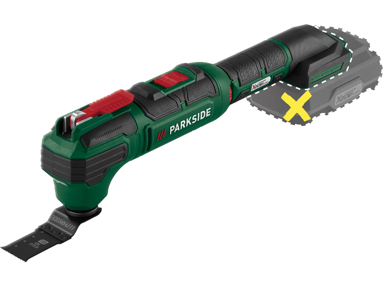 Green and black cordless multi-tool with a saw blade, without battery.