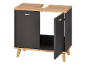 Dark grey bathroom vanity unit with a light wood top and wooden legs.