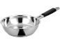 Stainless steel saucepan with a black handle.
