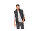 Man in black quilted vest, gray long-sleeved shirt, and dark jeans