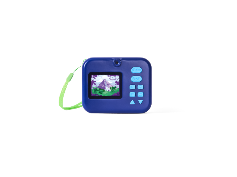 Blue digital kids' camera with a screen and buttons, featuring a green strap.