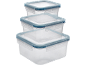 Three stacked clear food containers with blue lids.