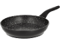 Black non-stick frying pan with a handle, with white speckles on the inside.