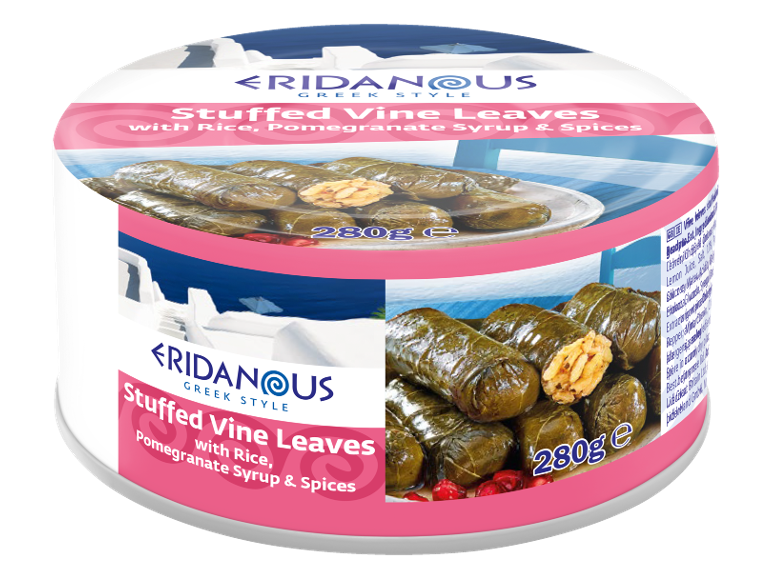 Greek-style can of stuffed vine leaves with rice, pomegranate syrup, and spices, 280g.