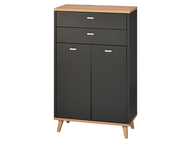 Black chest of drawers with two drawers and two doors, with light wooden top and legs.