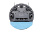 Underside of a robotic vacuum cleaner with a blue mopping cloth, brushes, and wheels.