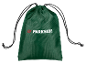 Green drawstring bag with brand logo in the center.