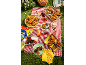 Picnic spread with pastries, ice cream, fruit, and sunscreen on a red and white checkered blanket.