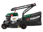 Green and black lawnmower with an engine and a grass collection bag.