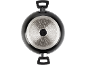 Bottom of a pot or pan with an induction disk and handles on a black background.