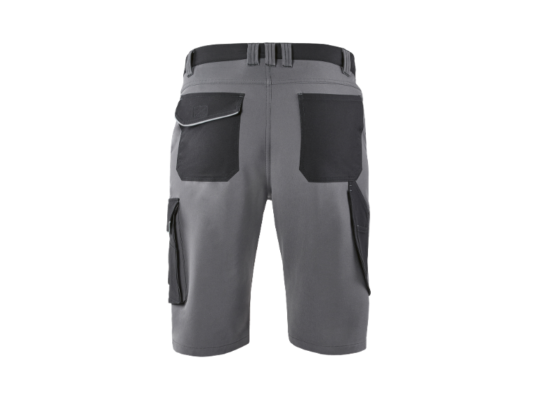 Grey work shorts with black pockets and reflective details.