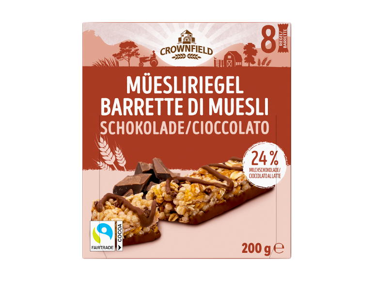 Muesli bars with chocolate, 8 pieces, 200g, with 24% milk chocolate.