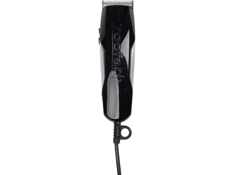 Black hair clipper with metallic blades and a cable.
