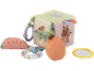 Soft sensory cube with animal and fruit motifs, a teether, and a mirror.