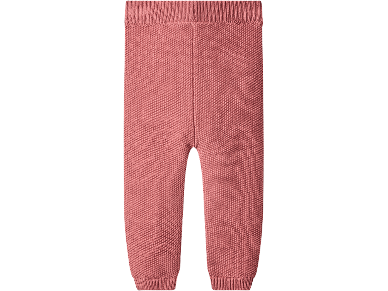 Pink knitted baby trousers.