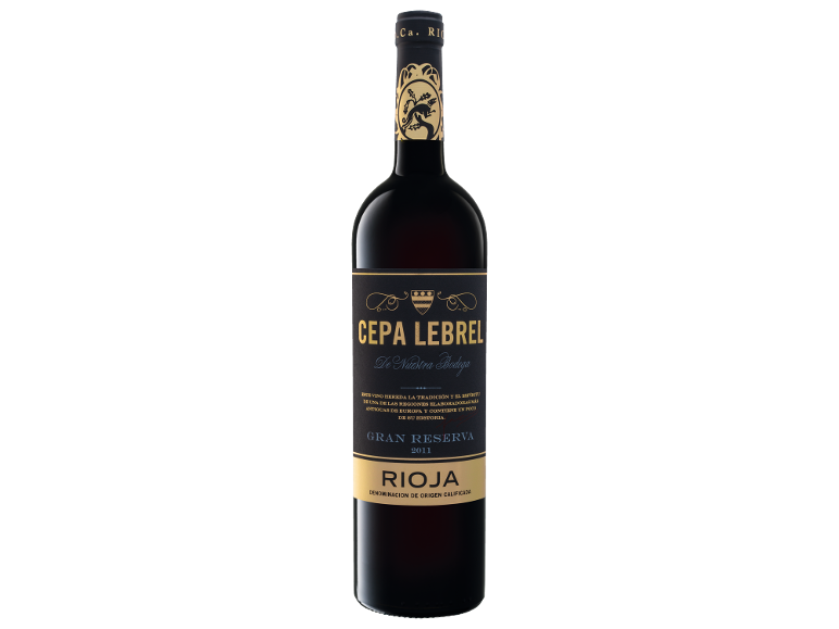 Bottle of Gran Reserva Rioja 2011 red wine with a black label and gold text.
