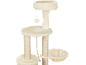 Beige cat tree with multiple levels, scratching posts, and a cozy basket.