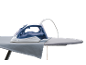 White and blue steam iron on an ironing board with a grey cloth.