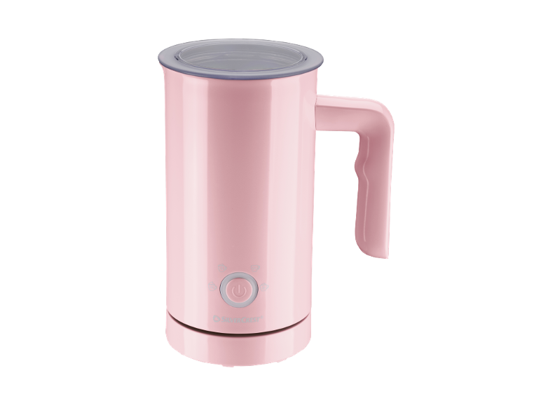 Pink electric milk frother with a transparent lid and a power button