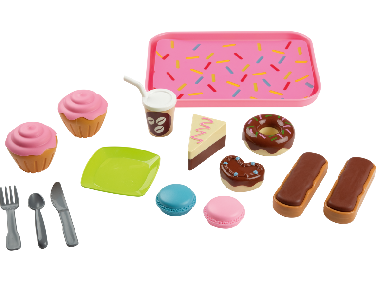 Toy dessert tray with cupcakes, donuts, cakes, coffee, macarons, and cutlery.