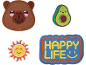 Four iron-on patches: a capybara, an avocado, a sun, and one with the text 'HAPPY LIFE'.