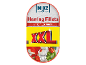 Can of herring fillets in tomato sauce, with prominent 'XXL' lettering.
