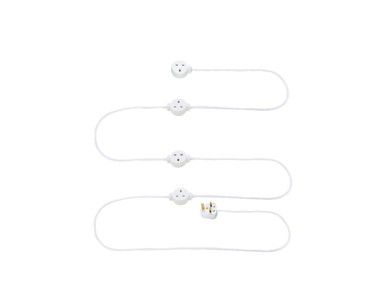 White extension lead with four sockets and one plug on a black background.