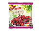 Frozen berry mix in a bag, featuring strawberries, raspberries, blueberries, and cherries.