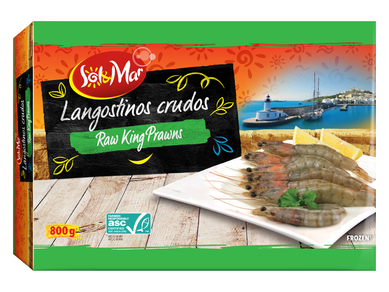 Box of frozen raw king prawns, 800g, with ASC certification.