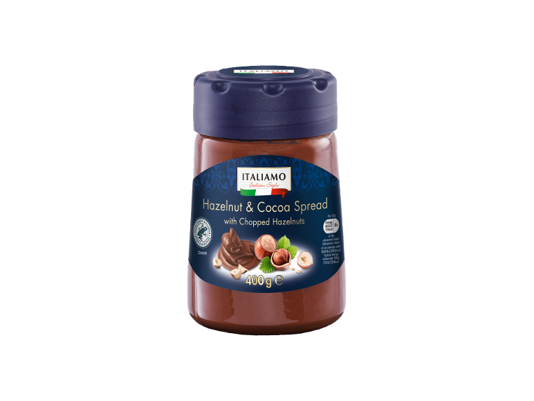 Hazelnut & cocoa spread with chopped hazelnuts, 400g jar.