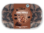 Brown chocolate ice cream tub with brownie chunks and chocolate sauce.