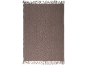 Brown knitted throw with decorative fringes on the top and bottom edges.