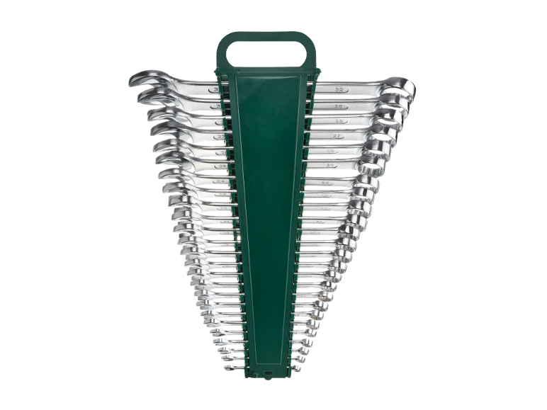 Set of combination wrenches of various sizes in a green holder.