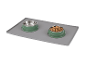 Two pet bowls, one filled with kibble, on a grey mat.