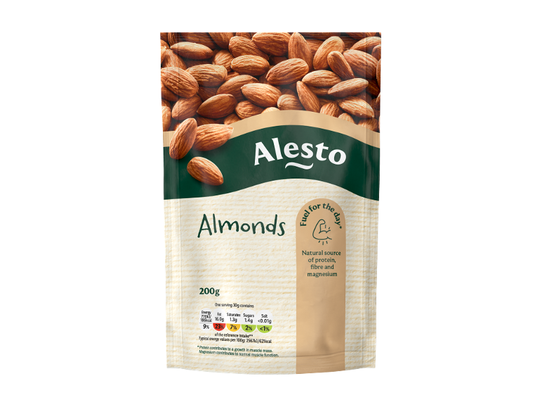 Brown packaging of almonds, displaying nutritional information and the text 'Fuel for the day'.