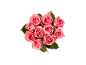 Bouquet of pink roses with green leaves on a black background.