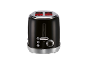 Black two-slice toaster with chrome accents and a red glow inside.