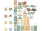 Wooden blocks and figures with animal and nature motifs, including lion, fox, and trees.
