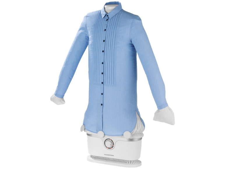 Automatic shirt ironer with a blue long-sleeved shirt
