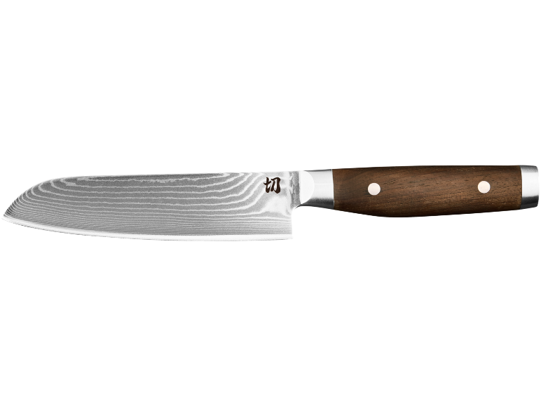 Kitchen knife with a Damascus pattern blade and a brown wooden handle with rivets.