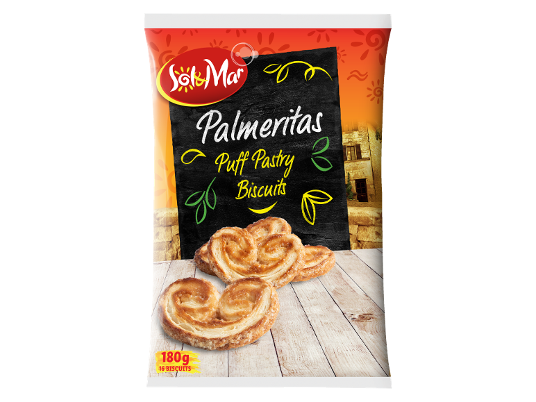 Heart-shaped puff pastry biscuits, with the text 'Palmeritas Puff Pastry Biscuits'.