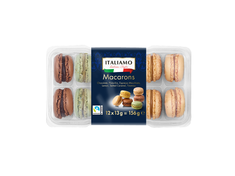 Packaged macarons with chocolate, pistachio, lemon, and caramel flavors.