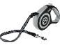 Black and grey retractable dog leash with a paw print design