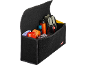 Black storage box with car accessories, including gloves, rope, and a receiver.