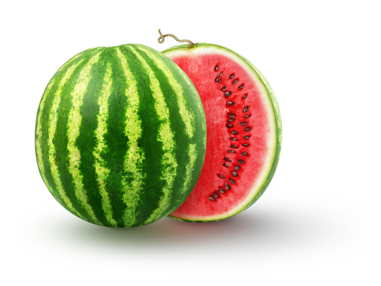 Whole watermelon and half a watermelon with red flesh and black seeds.