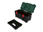Open black toolbox with a green lid and red latches, with a separate tray.