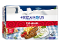 Kalamaki minced meat kebabs with fries and sauce, on Greek style packaging.